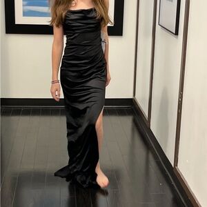 NWT Gorgeous Junior’s Black Satin Evening Dress with Side Slit- S